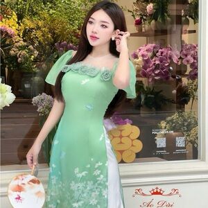 Special Designed 3D Floral Vietnamese dress Ao Dai (beige)